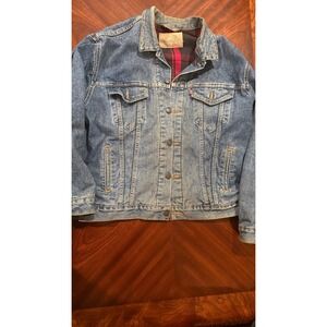 Levis Flannel Red‎ Plaid Lined Denim Trucker Jacket Made in USA Size L Vintage